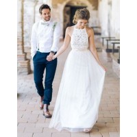 A-Line/Princess Tulle Sash/Ribbon/Belt Halter Sleeveless Floor-Length Wedding Dresses
