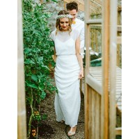 Sheath/Column Chiffon Ruffles Scoop Short Sleeves Floor-Length Wedding Dresses