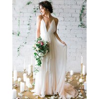 A-Line/Princess Chiffon Sleeveless Ruffles Spaghetti Straps Sweep/Brush Train Wedding Dresses