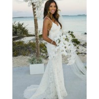 Trumpet/Mermaid Sleeveless Lace Spaghetti Straps Sweep/Brush Train Wedding Dresses