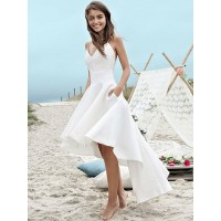 A-Line/Princess Satin Ruched Sleeveless Spaghetti Straps Asymmetrical Wedding Dresses