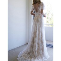 A-Line/Princess Lace Sash/Ribbon/Belt V-neck Short Sleeves Sweep/Brush Train Wedding Dresses