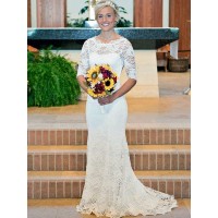 Sheath/Column Lace Ruched Scoop 1/2 Sleeves Sweep/Brush Train Wedding Dresses
