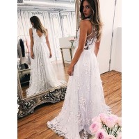 A-Line/Princess V-neck Applique Organza Sleeveless Sweep/Brush Train Wedding Dresses