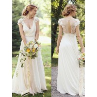 A-Line/Princess Chiffon Ruched V-neck Short Sleeves Sweep/Brush Train Wedding Dresses