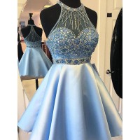 A-Line/Princess Halter Satin Sash/Ribbon/Belt Sleeveless Short/Mini Dresses