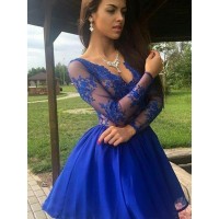 A-Line/Princess Organza V-neck Applique Long Sleeves Short/Mini Dresses