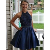 A-Line/Princess Beading Satin Halter Sleeveless Short/Mini Dresses