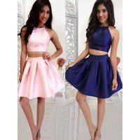 A-Line/Princess Ruffles Halter Satin Sleeveless Short/Mini Two Piece Dresses