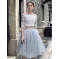 A-Line/Princess Tulle Ruched Off-the-Shoulder 1/2 Sleeves Knee-Length Two Piece Dresses