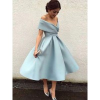 A-Line/Princess Sleeveless Off-the-Shoulder Satin Ruffles Tea-Length Dresses