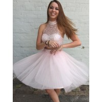A-Line/Princess Tulle High Neck Sleeveless Beading Short/Mini Two Piece Dresses