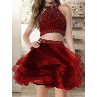 A-Line Halter Cut Short With Beading Organza Blue Homecoming Dresses