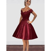 A-Line Off-the-Shoulder Cut Short With Applique Satin Burgundy Homecoming Dresses