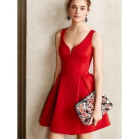 A-Line/Princess Satin Sleeveless Short/Mini Ruffles V-neck Dresses