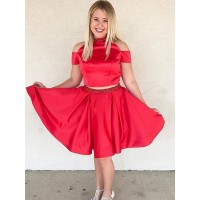 A-Line/Princess Beading Off-the-Shoulder Satin Sleeveless Knee-Length Two Piece Dresses