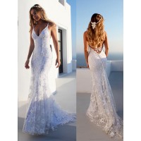 Trumpet/Mermaid Spaghetti Straps Sleeveless Lace Court Train Tulle Wedding Dresses
