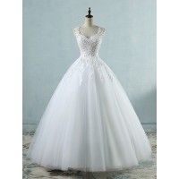 Ball Gown V-neck Sleeveless Sweetheart Floor-Length Applique Tulle Wedding Dresses