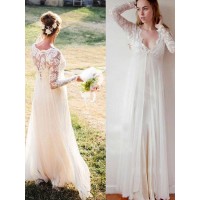 Empire V-neck Lace long Sleeves Floor-Length Chiffon Wedding Dresses