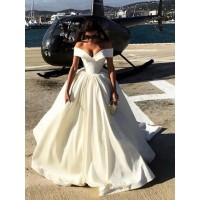 Ball Gown Off-the-Shoulder Court Train Satin Wedding Dresses