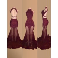 Trumpet/Mermaid Sleeveless Halter Court Train Tulle Applique Dresses