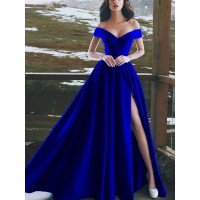 A-Line/Princess Sleeveless Off-the-Shoulder Floor-Length Ruffles Satin Dresses