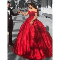 Ball Gown Sleeveless Off-the-Shoulder Sweep/Brush Train Satin Lace Dresses