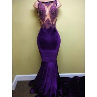 Trumpet/Mermaid Sleeveless Bateau Sweep/Brush Train Applique Velvet Dresses