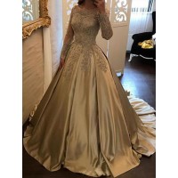 Ball Gown Long Sleeves Off-the-Shoulder Sweep/Brush Train Applique Satin Dresses