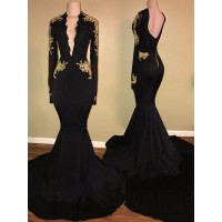 Trumpet/Mermaid Long Sleeves V-neck Sweep/Brush Train Applique Elastic Woven Satin Dresses