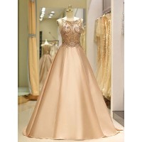 Ball Gown Sleeveless Bateau Sweep/Brush Train Beading Satin Dresses