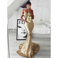 Trumpet/Mermaid Sleeveless Off-the-Shoulder Sweep/Brush Train Ruffles Sequins Dresses