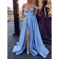 A-Line/Princess Sleeveless Off-the-Shoulder Sweep/Brush Train Ruffles Satin Dresses