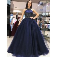 Ball Gown Sleeveless Halter Sweep/Brush Train Beading Tulle Dresses