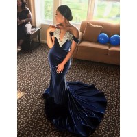 Trumpet/Mermaid Sleeveless Off-the-Shoulder Sweep/Brush Train Applique Velvet Dresses