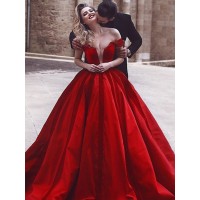 Ball Gown Sleeveless Off-the-Shoulder Sweep/Brush Train Ruffles Satin Dresses