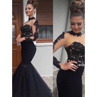 Trumpet/Mermaid Long Sleeves High Neck Floor-Length Applique Tulle Dresses