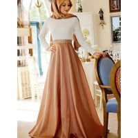 A-Line/Princess Long Sleeves Scoop Sweep/Brush Train Lace Satin Muslim Dresses