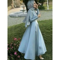 A-Line/Princess Long Sleeves Scoop Floor-Length Beading Satin Muslim Dresses