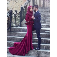 Trumpet/Mermaid Long Sleeves Scoop Sweep/Brush Train Ruffles Velvet Muslim Dresses