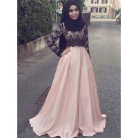 A-Line/Princess Long Sleeves Scoop Sweep/Brush Train Applique Satin Muslim Dresses