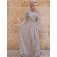 A-Line/Princess Long Sleeves Scoop Sweep/Brush Train Crystal Tulle Muslim Dresses
