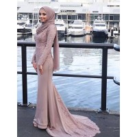 Trumpet/Mermaid Long Sleeves Scoop Sweep/Brush Train Applique Satin Muslim Dresses