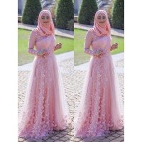 A-Line/Princess Long Sleeves Scoop Sweep/Brush Train Applique Tulle Muslim Dresses