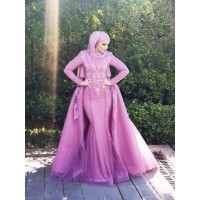 Trumpet/Mermaid Long Sleeves Scoop Sweep/Brush Train Applique Net Muslim Dresses