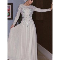A-Line/Princess Long Sleeves Scoop Floor-Length Crystal Chiffon Muslim Dresses