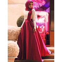 A-Line/Princess Long Sleeves Scoop Sweep/Brush Train Lace Satin Muslim Dresses