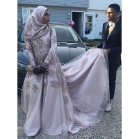 A-Line/Princess Long Sleeves Scoop Sweep/Brush Train Applique Tulle Muslim Dresses