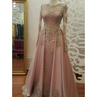 A-Line/Princess Long Sleeves Scoop Floor-Length Applique Tulle Muslim Dresses