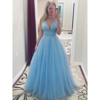 A-Line/Princess Sleeveless V-neck Floor-Length Pearls Tulle Dresses